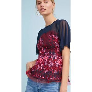Eva Franco Navy/Red/Pink Floral Embroidered Mesh S/S Blouse, EUC, Sz. S